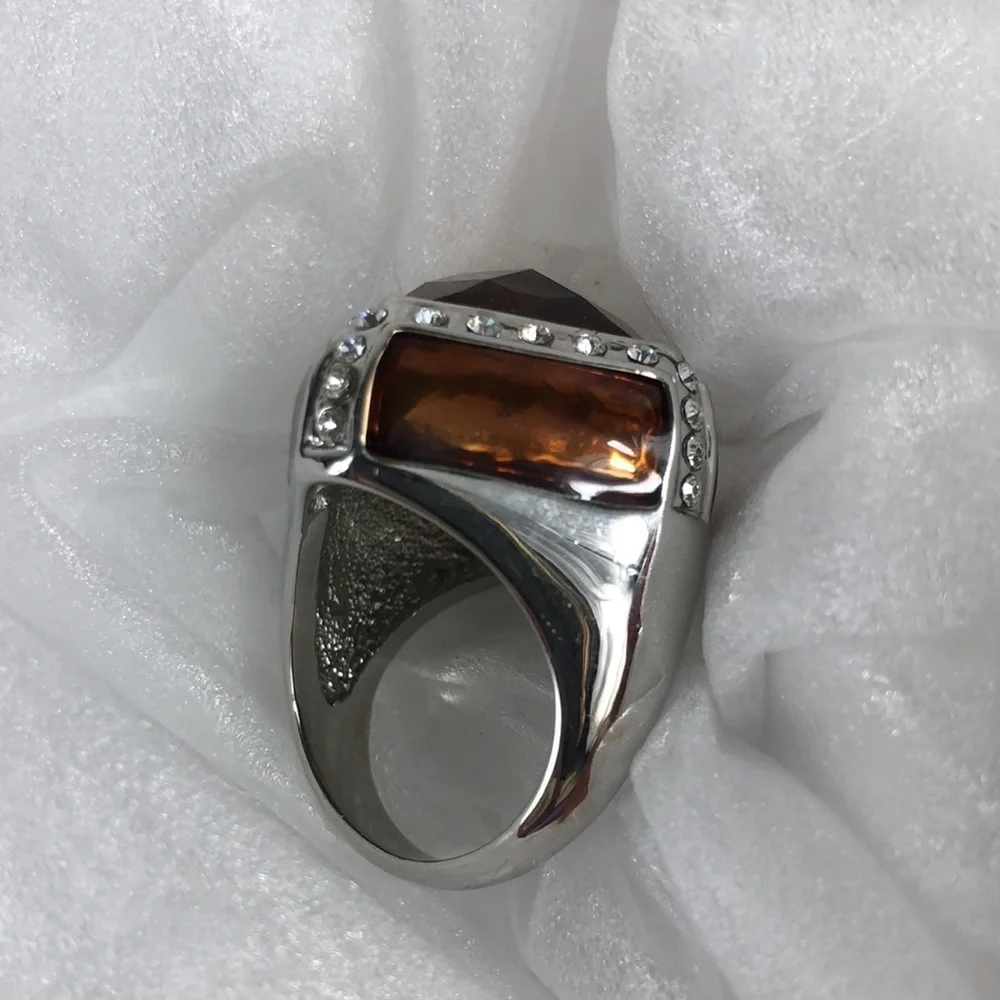 Smoky Quartz Ring Men's Size 8 Square Simulated Stones Faceted Silver Tone Band